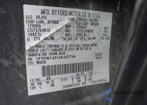 2004 Ford F-150 Fx4/Lariat/Xlt z USA, uszkodzony, nr VIN 1FTPW14514KA57746